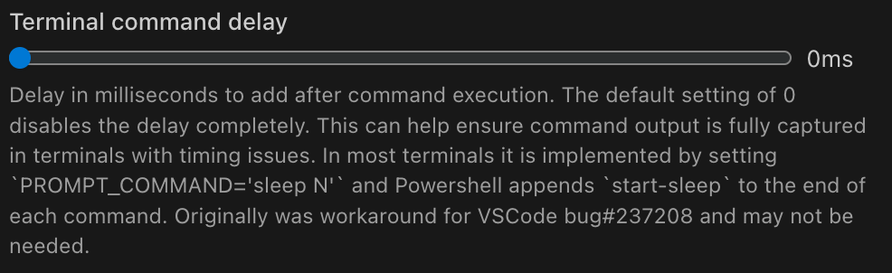 Terminal command delay slider set to 0ms
